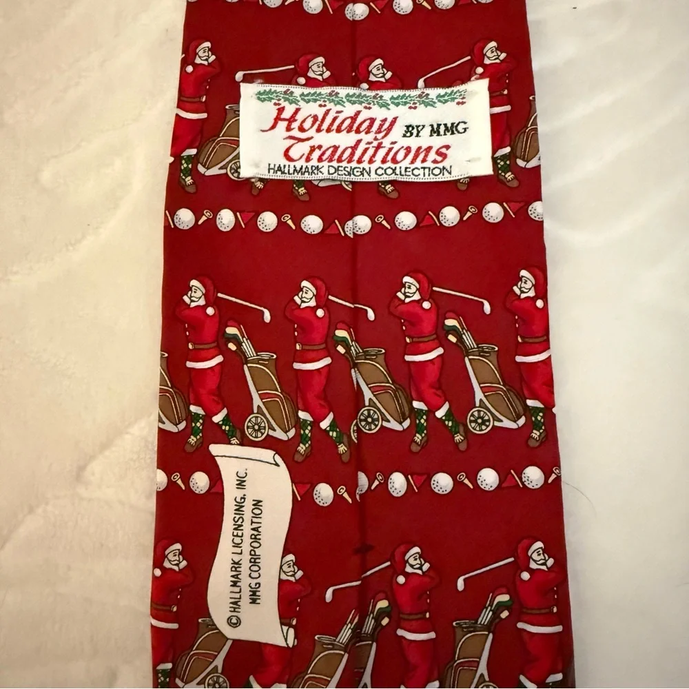Hallmark Golfing Santa Christmas Tie 100% Silk Made in USA